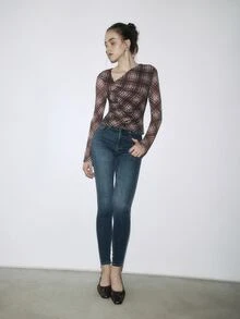 Nöista Womenswear Printed Top With Checks Fabrics In Tonal Autumn Colors, With Neck Gathering Detail, Perfect Top For Layering And Fall Winter Looks. - Coffee Brown - View 9