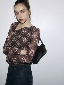 Nöista Womenswear Printed Top With Checks Fabrics In Tonal Autumn Colors, With Neck Gathering Detail, Perfect Top For Layering And Fall Winter Looks. - Coffee Brown - View 1