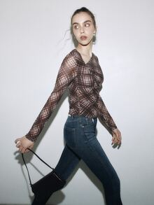 Nöista Womenswear Printed Top With Checks Fabrics In Tonal Autumn Colors, With Neck Gathering Detail, Perfect Top For Layering And Fall Winter Looks. - Coffee Brown - View 5