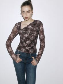 Nöista Womenswear Printed Top With Checks Fabrics In Tonal Autumn Colors, With Neck Gathering Detail, Perfect Top For Layering And Fall Winter Looks. - Coffee Brown - View 6