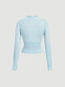 SHEIN MOD Light Blue Skin-Friendly Plush V-Neck Slim Fit Lace Knit Cardigan - Baby Blue - View 4