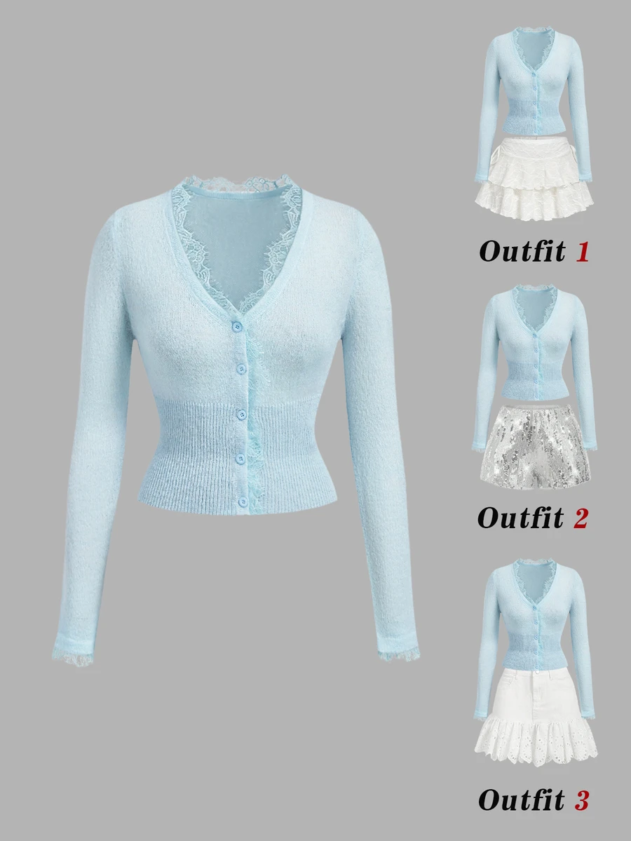 SHEIN MOD Light Blue Skin-Friendly Plush V-Neck Slim Fit Lace Knit Cardigan - Baby Blue - View 1