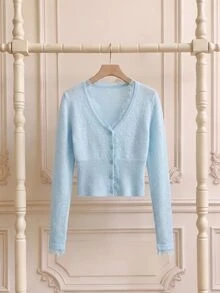 SHEIN MOD Light Blue Skin-Friendly Plush V-Neck Slim Fit Lace Knit Cardigan - Baby Blue - View 3