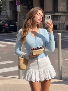 SHEIN MOD Light Blue Skin-Friendly Plush V-Neck Slim Fit Lace Knit Cardigan - Baby Blue - View 5