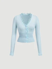 SHEIN MOD Light Blue Skin-Friendly Plush V-Neck Slim Fit Lace Knit Cardigan - Baby Blue - View 9