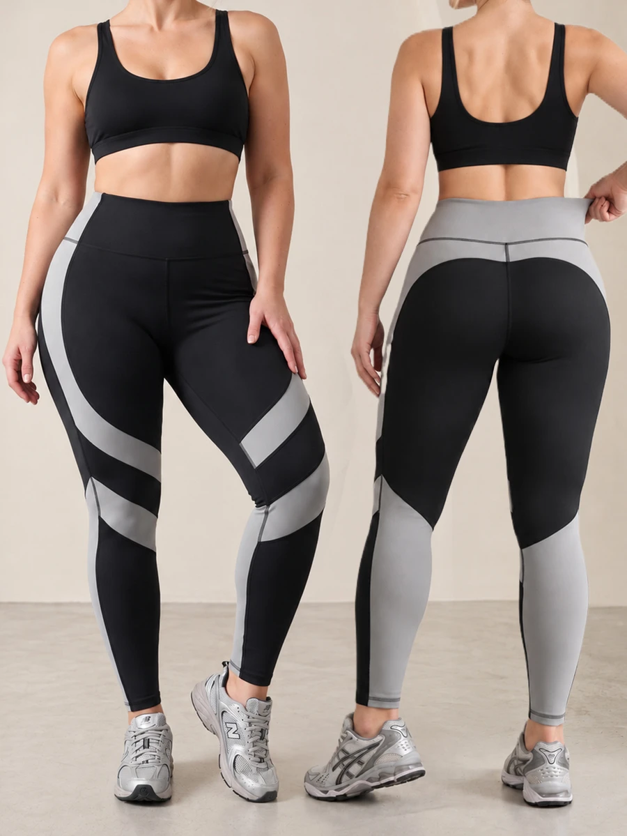 Easithlete Women's Plus Size Black Colorblock Fitted Sports Leggings Gym Winter Kawaii - Black - View 1
