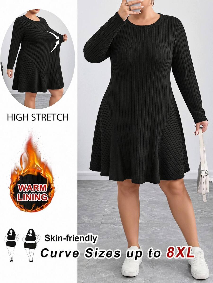 SHEIN CURVE+ 大尺碼女款素色羅紋針織喇叭裙 秋季 - 黑色 - 查看 1