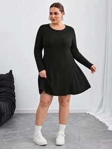 SHEIN CURVE+ 大尺碼女款素色羅紋針織喇叭裙 秋季 - 黑色 - 查看 6