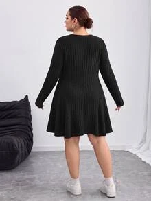 SHEIN CURVE+ 大尺碼女款素色羅紋針織喇叭裙 秋季 - 黑色 - 查看 2
