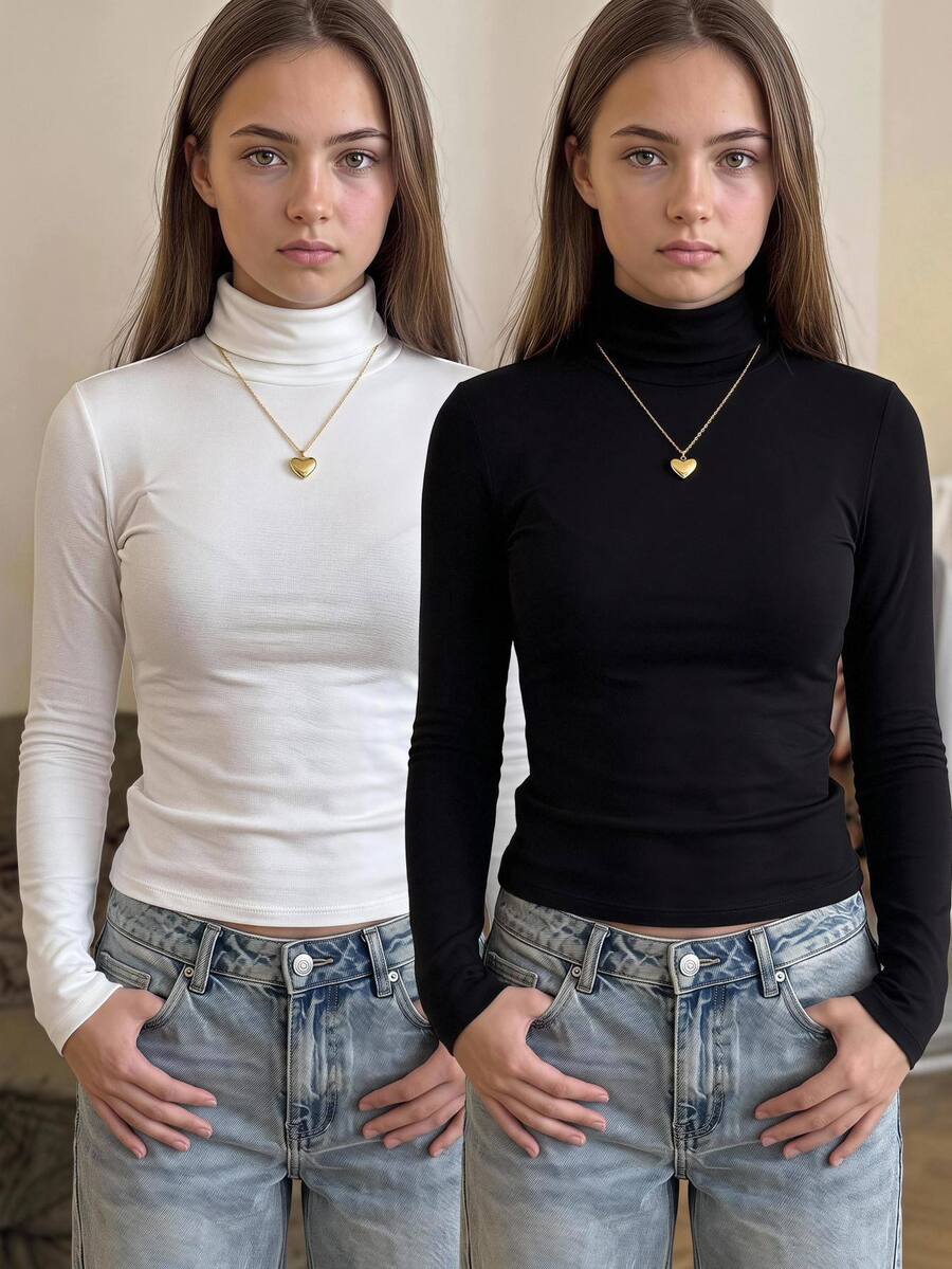 SHEIN 2PCS Tween Girls T-Shirts - Black and White - View 1
