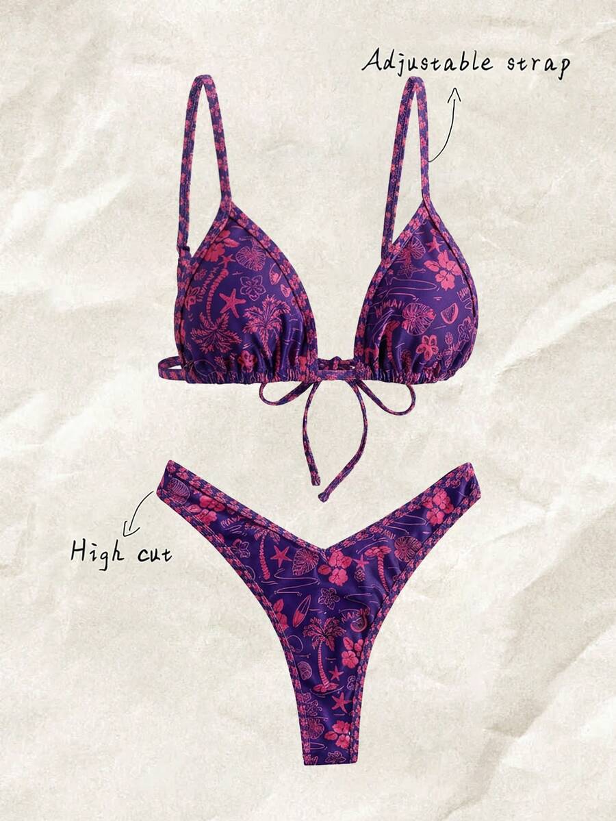 Elavelle Springbreak Printed Spaghetti Strap High Cut Shorts Sexy Bikini Swimwear Sets For Women, Summer - Multicolor - View 1