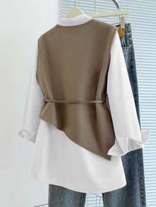 SHEIN White And Brown Elegant Office Ladies'2 In 1 Jacket-Shirt Ensemble,Autumn Asymmetrical Tailoring,Exquisite Button Accents&Adjustable Waist Sash - Multicolor - View 2