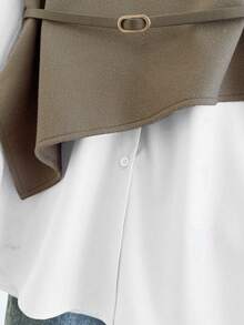 SHEIN White And Brown Elegant Office Ladies'2 In 1 Jacket-Shirt Ensemble,Autumn Asymmetrical Tailoring,Exquisite Button Accents&Adjustable Waist Sash - Multicolor - View 4