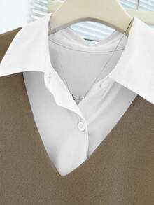 SHEIN White And Brown Elegant Office Ladies'2 In 1 Jacket-Shirt Ensemble,Autumn Asymmetrical Tailoring,Exquisite Button Accents&Adjustable Waist Sash - Multicolor - View 5