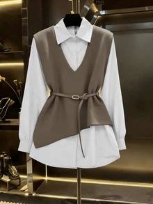 SHEIN White And Brown Elegant Office Ladies'2 In 1 Jacket-Shirt Ensemble,Autumn Asymmetrical Tailoring,Exquisite Button Accents&Adjustable Waist Sash - Multicolor - View 3