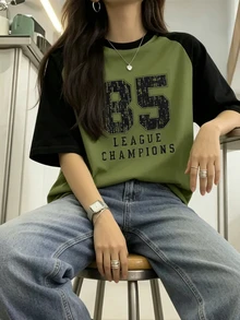 GlowEve CURVE Women's Plus-Size T-Shirt,Dark Green,Summer,Casual,Bussines,School,Back-To-School Retro Raglan Sleeve Loose Distressed Number Letter Print Tee - Army Green - View 6