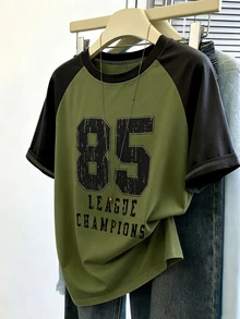 GlowEve CURVE Women's Plus-Size T-Shirt,Dark Green,Summer,Casual,Bussines,School,Back-To-School Retro Raglan Sleeve Loose Distressed Number Letter Print Tee - Army Green - View 1