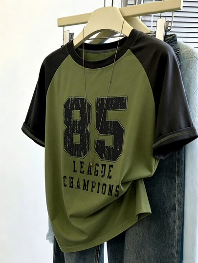 GlowEve CURVE Women's Plus-Size T-Shirt, Olive Green, Summer, Casual Baggy, Retro Raglan Sleeve Loose Distressed Number Letter Print Tee Homewear Vacation