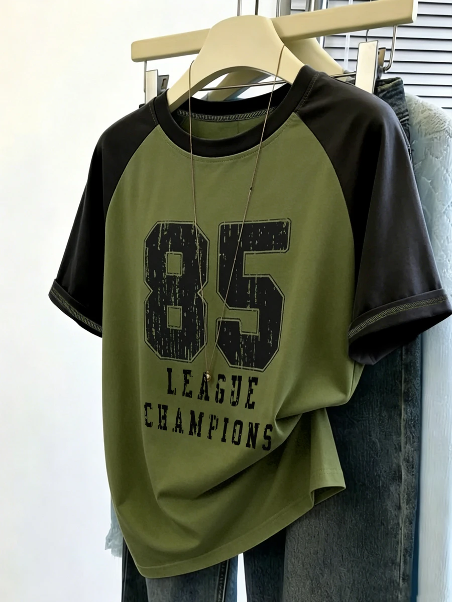 GlowEve CURVE Women's Plus-Size T-Shirt,Dark Green,Summer,Casual,Bussines,School,Back-To-School Retro Raglan Sleeve Loose Distressed Number Letter Print Tee - Army Green - View 1