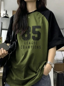 GlowEve CURVE Women's Plus-Size T-Shirt,Dark Green,Summer,Casual,Bussines,School,Back-To-School Retro Raglan Sleeve Loose Distressed Number Letter Print Tee - Army Green - View 5