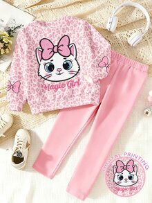 Set 2 Potong Baju Bayi Perempuan Motif Kartun Kucing Berpita Leopard dan Legging Pink untuk Musim Gugur dan Musim Dingin - MultiWarna - View 4