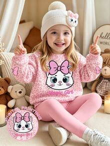 Set 2 Potong Baju Bayi Perempuan Motif Kartun Kucing Berpita Leopard dan Legging Pink untuk Musim Gugur dan Musim Dingin - MultiWarna - View 1