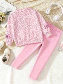 Set 2 Potong Baju Bayi Perempuan Motif Kartun Kucing Berpita Leopard dan Legging Pink untuk Musim Gugur dan Musim Dingin - MultiWarna - View 2