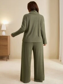 Edennvi Plus Size Ribbed Knit 2 Pieces Set For Women, Loose Long Sleeve Top With Drawstring Waist Wide Leg Pants, Casual Slouchy Knit Outfit For Autumn/Winter - Dark Green - View 2