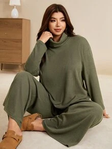 Edennvi Plus Size Ribbed Knit 2 Pieces Set For Women, Loose Long Sleeve Top With Drawstring Waist Wide Leg Pants, Casual Slouchy Knit Outfit For Autumn/Winter - Dark Green - View 5