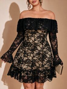 Cravure Plus Size Black Sheer Lace Open Shoulder Tier Ruffle Flared Sleeve Bodycon Cocktail Mini Dress Fall - Black - View 3