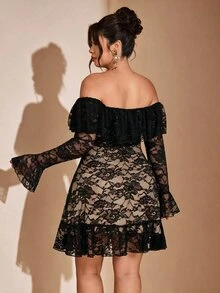 Cravure Plus Size Black Sheer Lace Open Shoulder Tier Ruffle Flared Sleeve Bodycon Cocktail Mini Dress Fall - Black - View 2