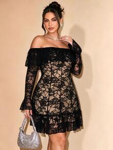 Cravure Plus Size Black Sheer Lace Open Shoulder Tier Ruffle Flared Sleeve Bodycon Cocktail Mini Dress Fall - Black - View 1
