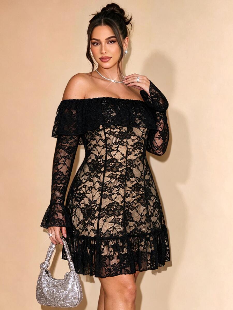 Cravure Plus Size Black Sheer Lace Open Shoulder Tier Ruffle Flared Sleeve Bodycon Cocktail Mini Dress Fall - Black - View 1