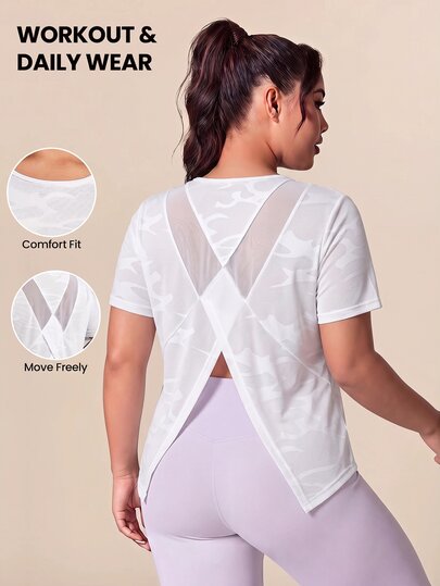 Rhythm Era Plus Size Women Sports Yoga Outdoor Gym Short Sleeve Tee With Criss-Cross Mesh Back Panel Gym Tops For Women