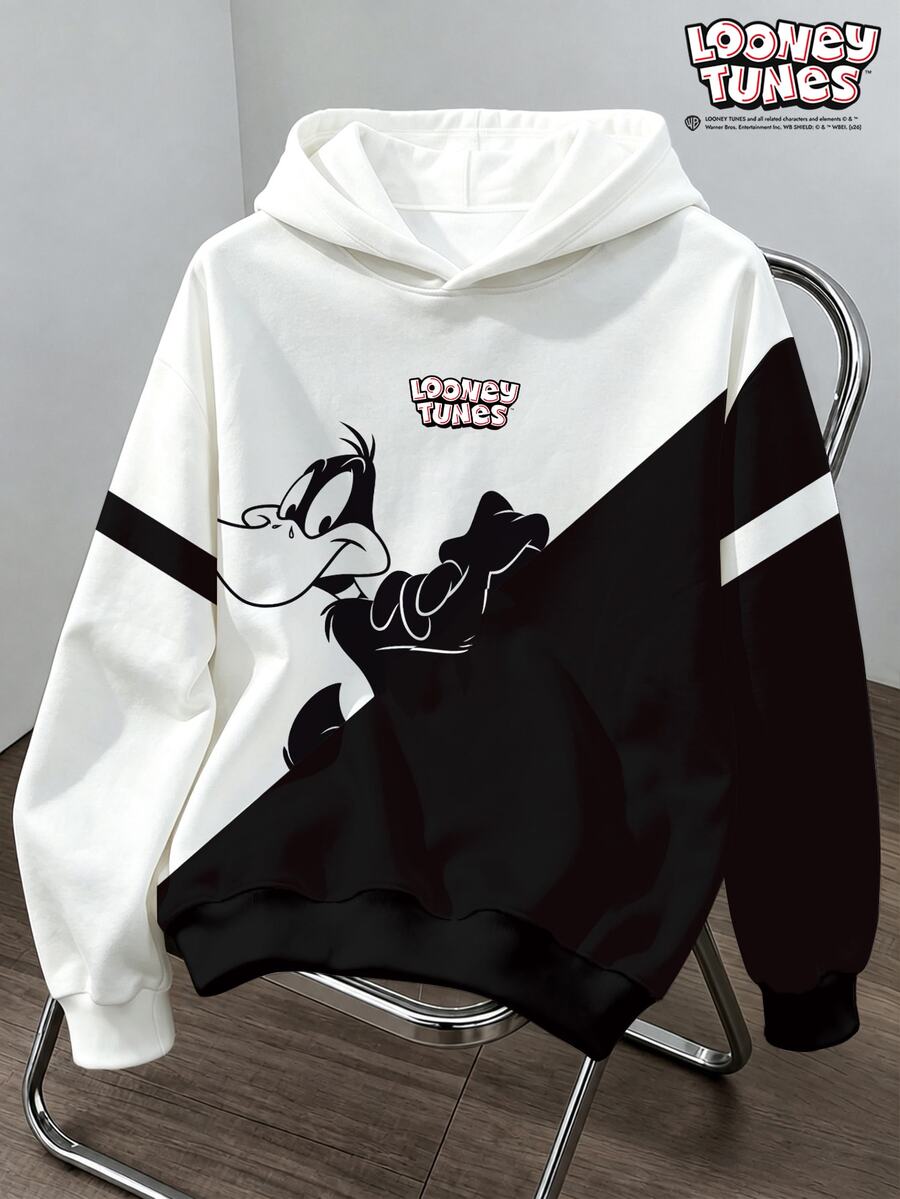 LOONEY TUNES X SHEIN Daypath 男士字母與卡通圖案休閒日常連帽衛衣 - 黑與白 - 查看 1