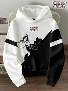 LOONEY TUNES X SHEIN Daypath 男士字母與卡通圖案休閒日常連帽衛衣 - 黑與白 - 查看 5
