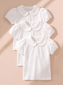 Elladie kids Young Girl White 3pcs T-Shirt Set, Peter Pan Collar With Delicate Heart Buttons, Floral Patchwork And Elastic Sleeve Decor, Basic Solid Color Fitted Style, Suitable For Back To School Season - White - View 6