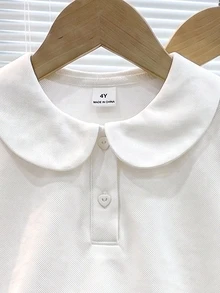 Elladie kids Young Girl White 3pcs T-Shirt Set, Peter Pan Collar With Delicate Heart Buttons, Floral Patchwork And Elastic Sleeve Decor, Basic Solid Color Fitted Style, Suitable For Back To School Season - White - View 7