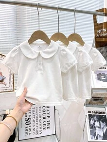 Elladie kids Young Girl White 3pcs T-Shirt Set, Peter Pan Collar With Delicate Heart Buttons, Floral Patchwork And Elastic Sleeve Decor, Basic Solid Color Fitted Style, Suitable For Back To School Season - White - View 4