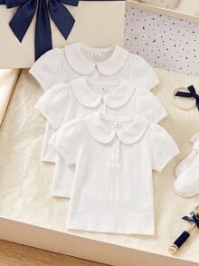Elladie kids Young Girl White 3pcs T-Shirt Set, Peter Pan Collar With Delicate Heart Buttons, Floral Patchwork And Elastic Sleeve Decor, Basic Solid Color Fitted Style, Suitable For Back To School Season - White - View 1