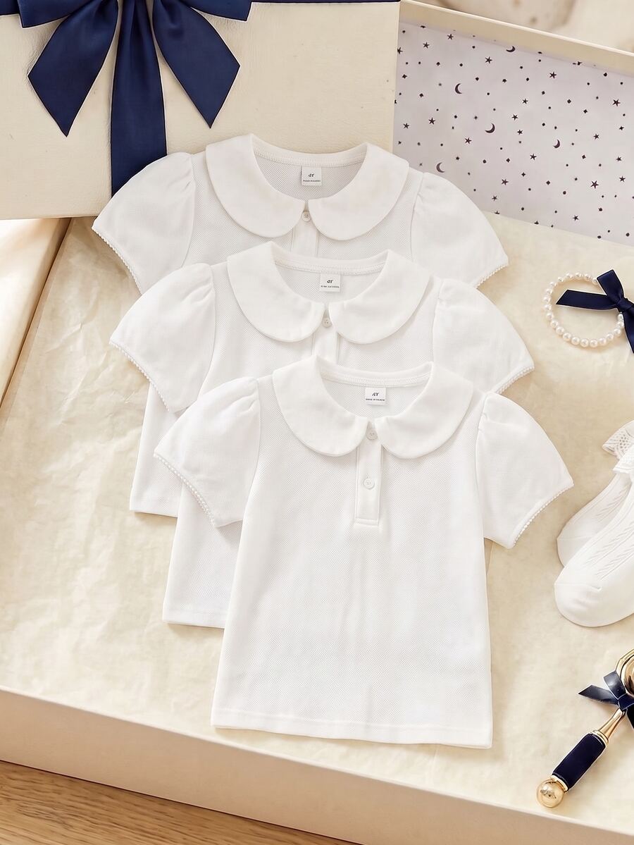 Elladie kids Young Girl White 3pcs T-Shirt Set, Peter Pan Collar With Delicate Heart Buttons, Floral Patchwork And Elastic Sleeve Decor, Basic Solid Color Fitted Style, Suitable For Back To School Season - White - View 1