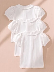 Elladie kids Young Girl White 3pcs T-Shirt Set, Peter Pan Collar With Delicate Heart Buttons, Floral Patchwork And Elastic Sleeve Decor, Basic Solid Color Fitted Style, Suitable For Back To School Season - White - View 2