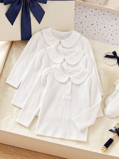 Elladie kids Young Girls White 3pcs Long Sleeve Polo Shirts, Peter Collar With Exquisite Heart Buttons, Long Sleeve T-Shirts, Basic Solid Color Fitted T-Shirts, Suitable For Back To School Season