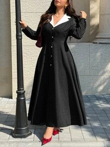 Easura Plus Size Elegant Commuter Polka Dot Print Dress - Black and White - View 5