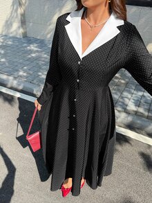 Easura Plus Size Elegant Commuter Polka Dot Print Dress - Black and White - View 1