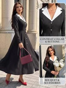 Easura Plus Size Elegant Commuter Polka Dot Print Dress - Black and White - View 6