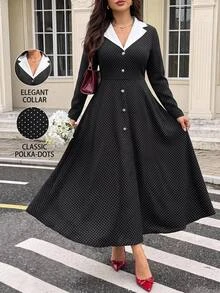 Easura Plus Size Elegant Commuter Polka Dot Print Dress - Black and White - View 3