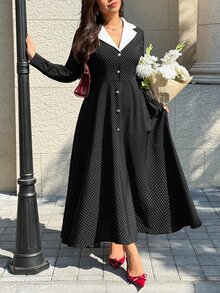 Easura Plus Size Elegant Commuter Polka Dot Print Dress - Black and White - View 7