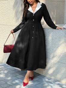 Easura Plus Size Elegant Commuter Polka Dot Print Dress - Black and White - View 4