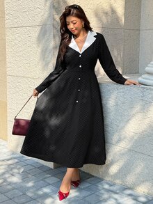 Easura Plus Size Elegant Commuter Polka Dot Print Dress - Black and White - View 8